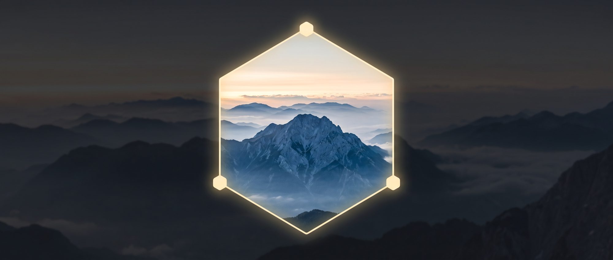 A mountain peak above the clouds framed inside a glowing gold hexagon aperture