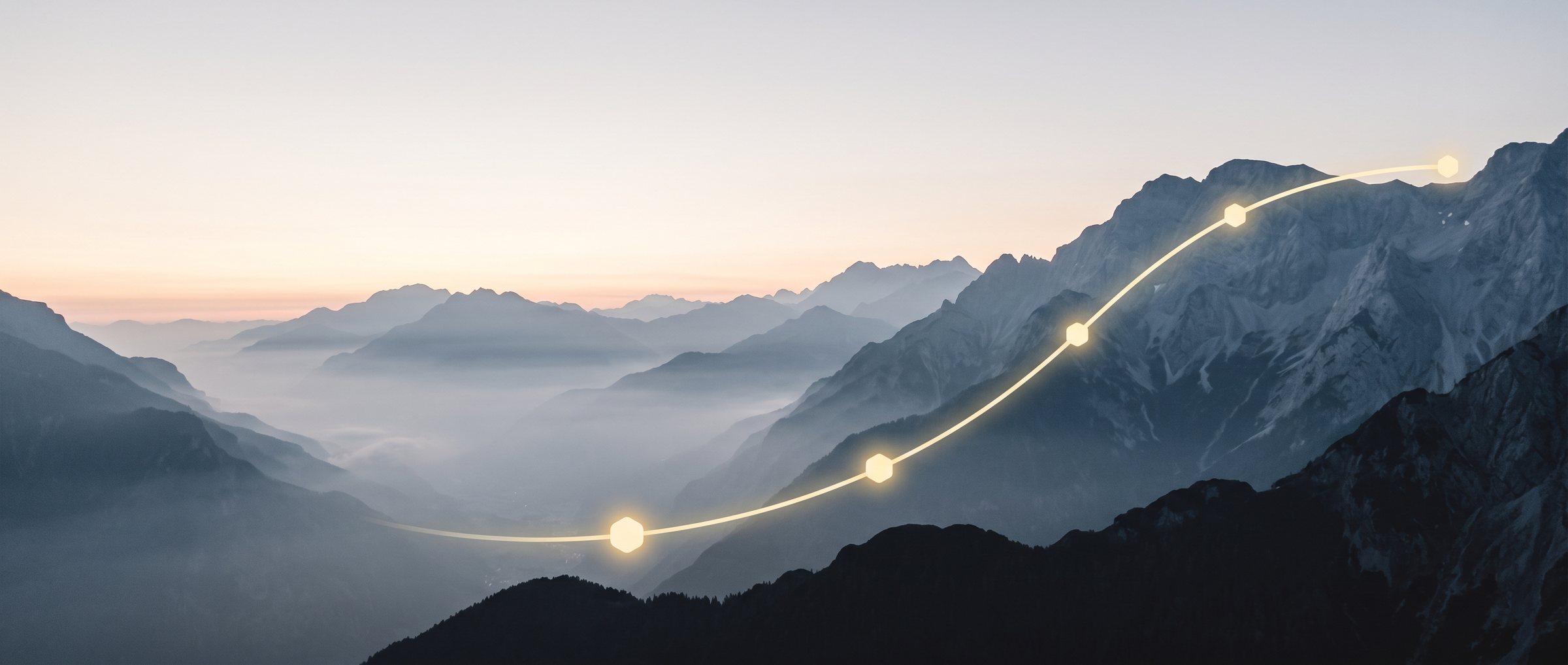 A path of gold hexagon waypoints climbing through a misty mountain range at dawn