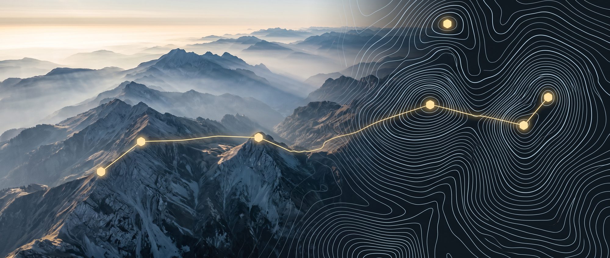 A mountain ridge dissolving from photograph into topographic contour lines
